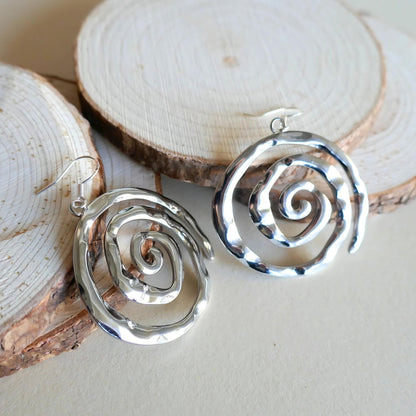Silver Spiral Earrings, Handmade Hammered Statement Jewelry, Boho Chic Large Silver Earrings, Sensitive Ear & Clip-On Options