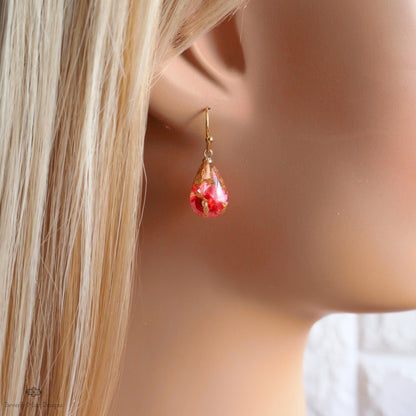 Red Pressed Flower Resin Earrings Teardrop Dangle Earrings Dry Flower Gold Hoop Botanical Jewelry Handmade, Sensitive Ear & Clip-On Options