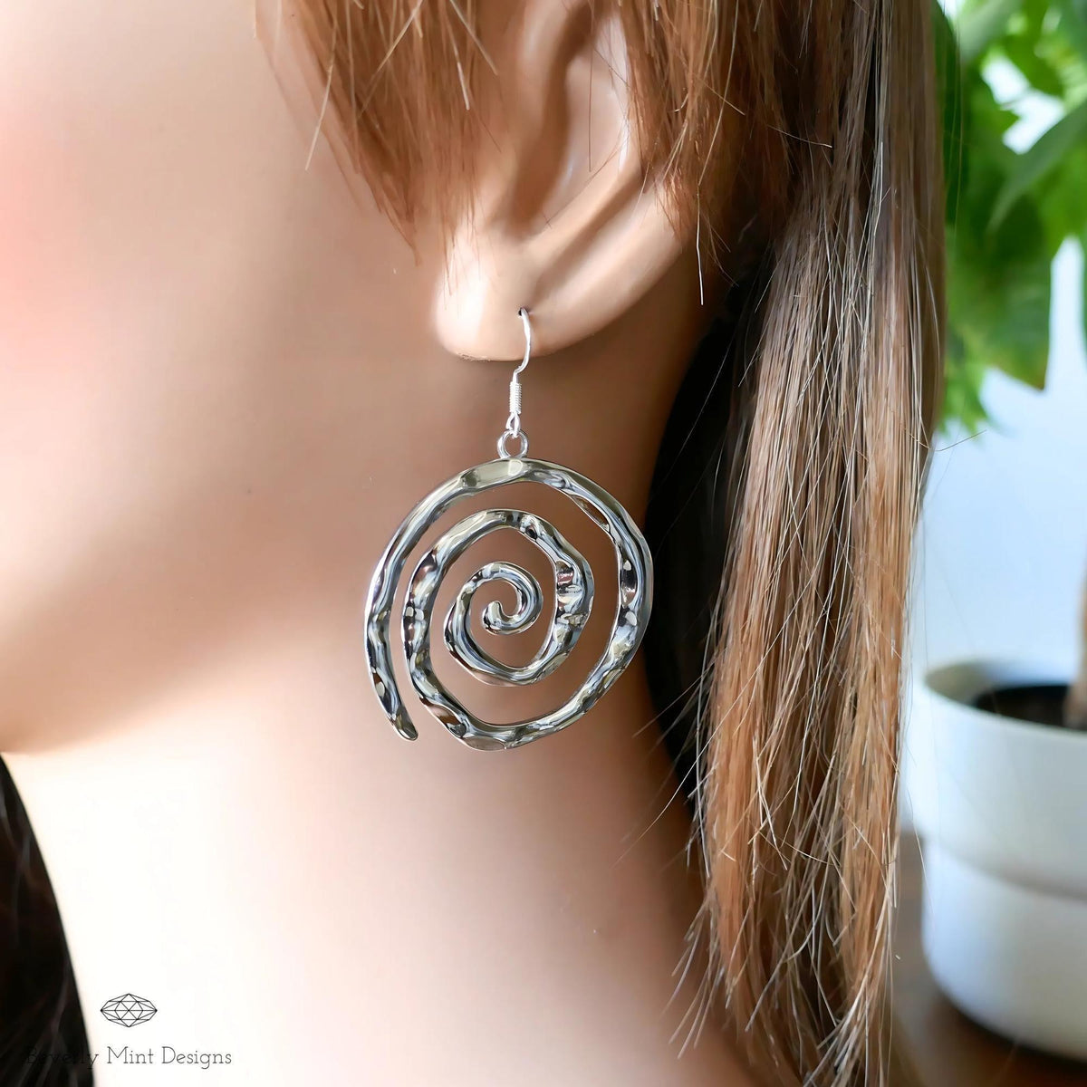 Silver Spiral Earrings, Handmade Hammered Statement Jewelry, Boho Chic Large Silver Earrings, Sensitive Ear & Clip-On Options