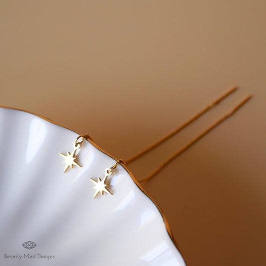Starburst Threader Earrings, Minimalist 18K Gold Earrings, Dainty Star Earrings, Sensitive Ear & Clip-On Options