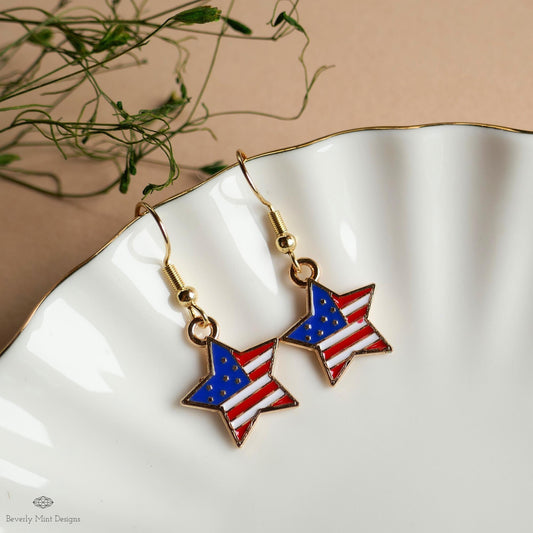 USA Earrings, American Flag Earrings, Red White Blue Star Earrings, USA Patriotic Earrings, Sensitive Ear & Clip-On Options