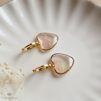 Mother of Pearl Style Heart Hoop Earrings, Gold Dangle Earrings, Romantic , Minimalist Jewelry, Sensitive Ear & Clip-On Options