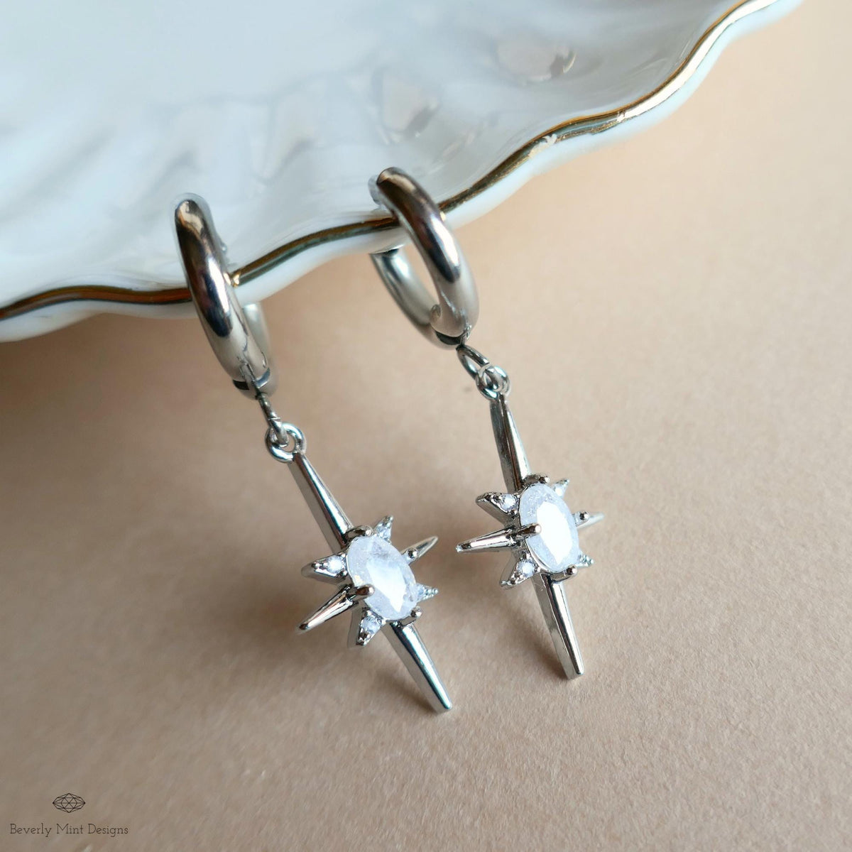 Starburst Small Hoop Earrings, Celestial Drop Earrings,  Silver Star Earrings, , Space Inspired Earrings