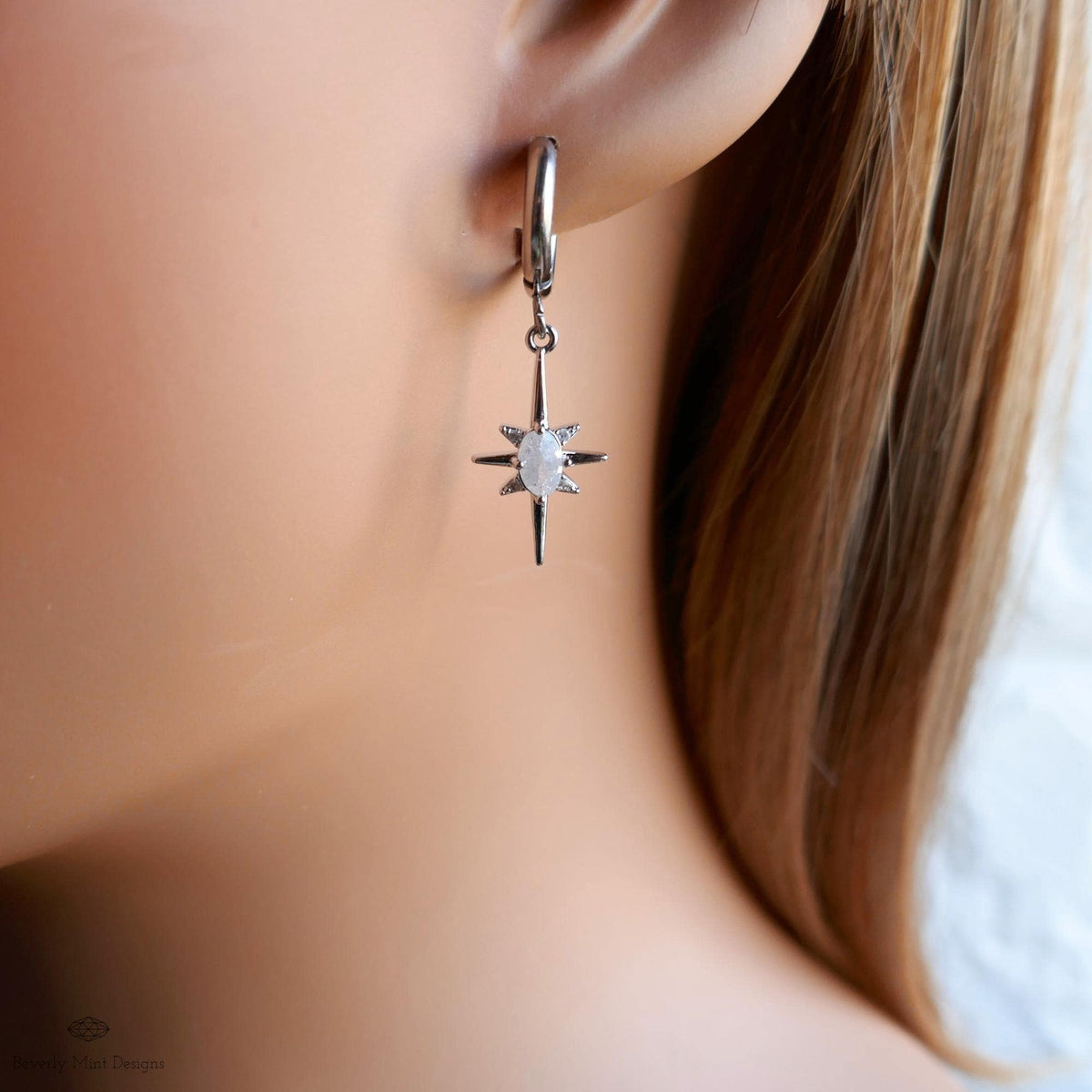 Starburst Small Hoop Earrings, Celestial Drop Earrings,  Silver Star Earrings, , Space Inspired Earrings