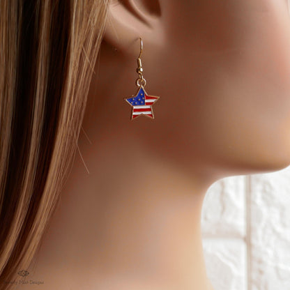 USA Earrings, American Flag Earrings, Red White Blue Star Earrings, USA Patriotic Earrings, Sensitive Ear & Clip-On Options