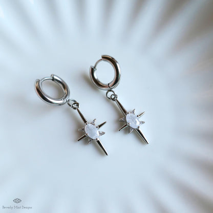 Starburst Small Hoop Earrings, Celestial Drop Earrings,  Silver Star Earrings, , Space Inspired Earrings
