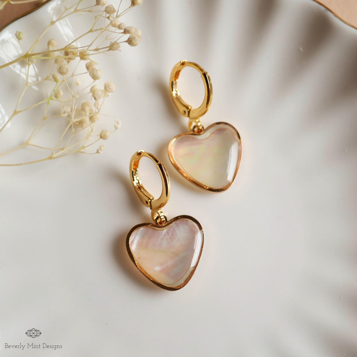 Mother of Pearl Style Heart Hoop Earrings, Gold Dangle Earrings, Romantic , Minimalist Jewelry, Sensitive Ear & Clip-On Options