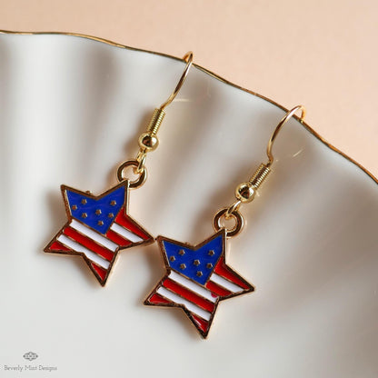 USA Earrings, American Flag Earrings, Red White Blue Star Earrings, USA Patriotic Earrings, Sensitive Ear & Clip-On Options