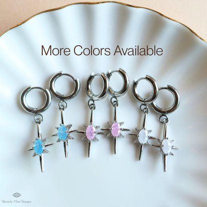 Starburst Small Hoop Earrings, Celestial Drop Earrings,  Silver Star Earrings, , Space Inspired Earrings