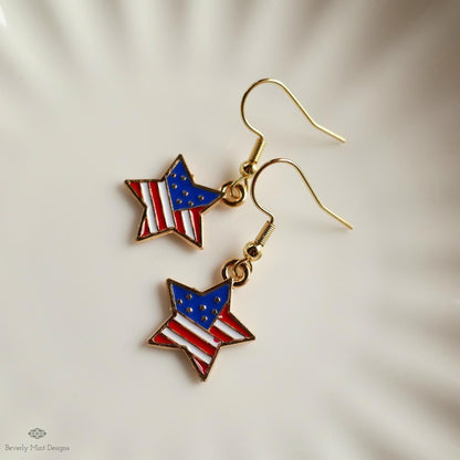 USA Earrings, American Flag Earrings, Red White Blue Star Earrings, USA Patriotic Earrings, Sensitive Ear & Clip-On Options