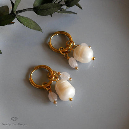 Gold Hoop Earrings with Pearls and Tiny Rose Crystals, Handmade Dangle Jewelry, Gold and Pearl Earrings, Unique Earrings