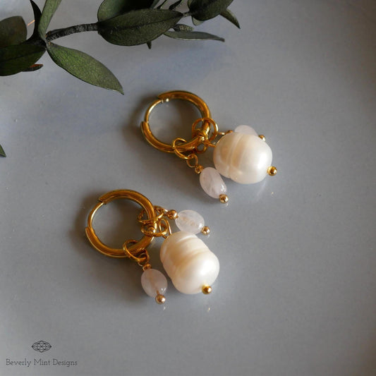 Gold Hoop Earrings with Pearls and Tiny Rose Crystals, Handmade Dangle Jewelry, Gold and Pearl Earrings, Unique Earrings