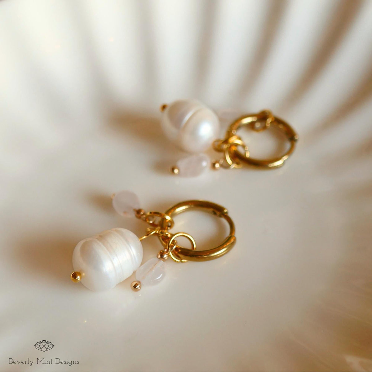 Gold Hoop Earrings with Pearls and Tiny Rose Crystals, Handmade Dangle Jewelry, Gold and Pearl Earrings, Unique Earrings