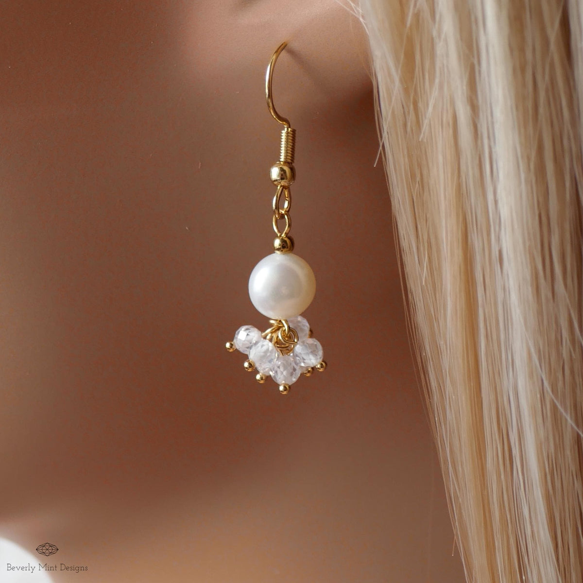 Gold Cluster Drop Earrings, White Pearl and Crystal Earrings, Dainty Jewelry, Pearl Earrings, Elegant, Sensitive Ear & Clip-On Options