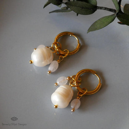 Gold Hoop Earrings with Pearls and Tiny Rose Crystals, Handmade Dangle Jewelry, Gold and Pearl Earrings, Unique Earrings