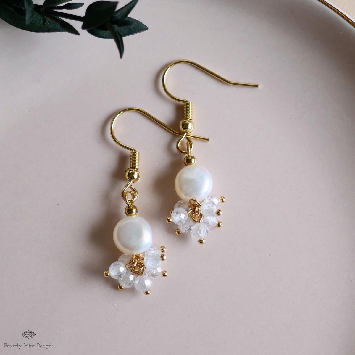 Gold Cluster Drop Earrings, White Pearl and Crystal Earrings, Dainty Jewelry, Pearl Earrings, Elegant, Sensitive Ear & Clip-On Options