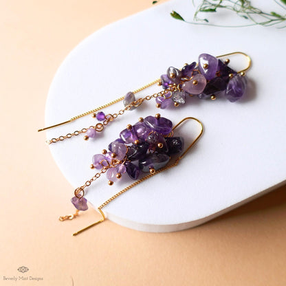 Amethyst Cluster Threader Earrings Gold Chain Dangle Earrings Statement Gemstone Jewelry, Sensitive Ear & Clip-On Options