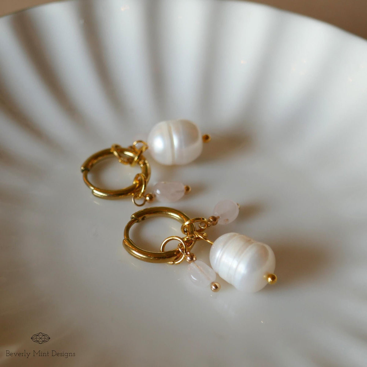 Gold Hoop Earrings with Pearls and Tiny Rose Crystals, Handmade Dangle Jewelry, Gold and Pearl Earrings, Unique Earrings