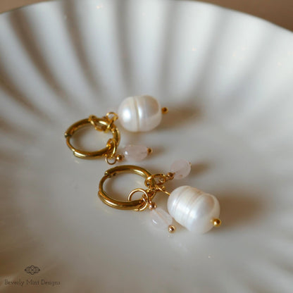 Gold Hoop Earrings with Pearls and Tiny Rose Crystals, Handmade Dangle Jewelry, Gold and Pearl Earrings, Unique Earrings