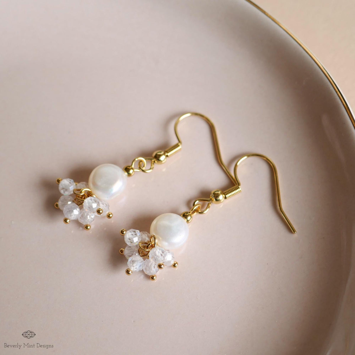 Gold Cluster Drop Earrings, White Pearl and Crystal Earrings, Dainty Jewelry, Pearl Earrings, Elegant, Sensitive Ear & Clip-On Options