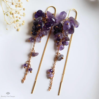 Amethyst Cluster Threader Earrings Gold Chain Dangle Earrings Statement Gemstone Jewelry, Sensitive Ear & Clip-On Options