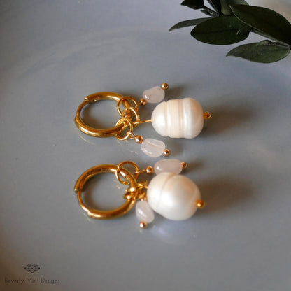 Gold Hoop Earrings with Pearls and Tiny Rose Crystals, Handmade Dangle Jewelry, Gold and Pearl Earrings, Unique Earrings