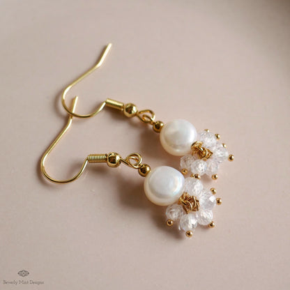 Gold Cluster Drop Earrings, White Pearl and Crystal Earrings, Dainty Jewelry, Pearl Earrings, Elegant, Sensitive Ear & Clip-On Options
