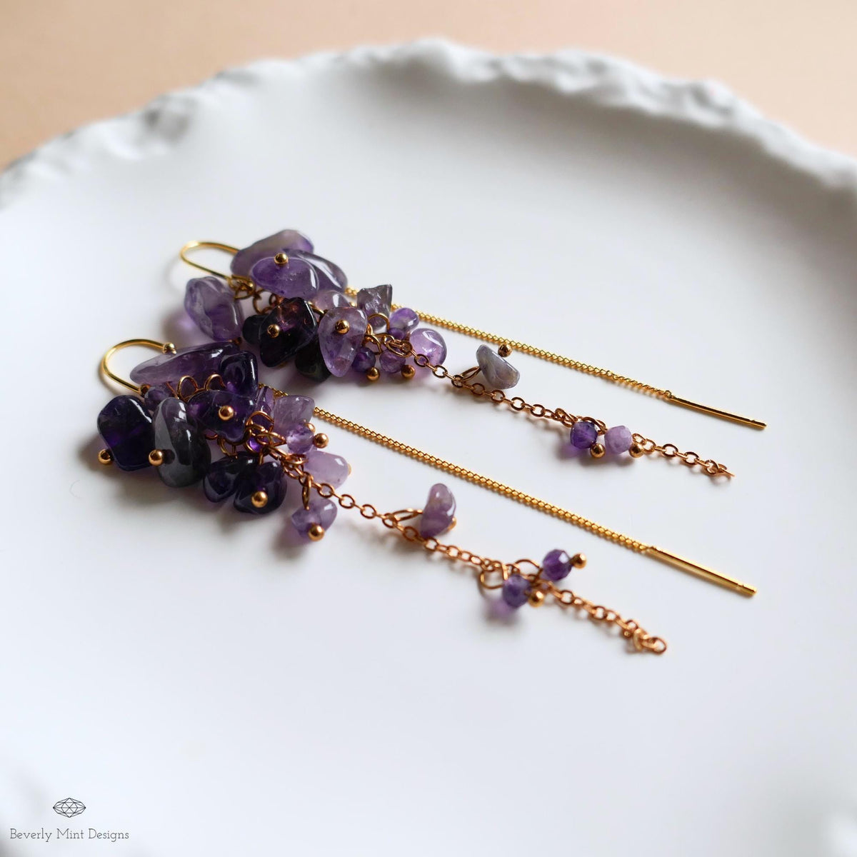 Amethyst Cluster Threader Earrings Gold Chain Dangle Earrings Statement Gemstone Jewelry, Sensitive Ear & Clip-On Options