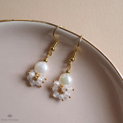 Gold Cluster Drop Earrings, White Pearl and Crystal Earrings, Dainty Jewelry, Pearl Earrings, Elegant, Sensitive Ear & Clip-On Options