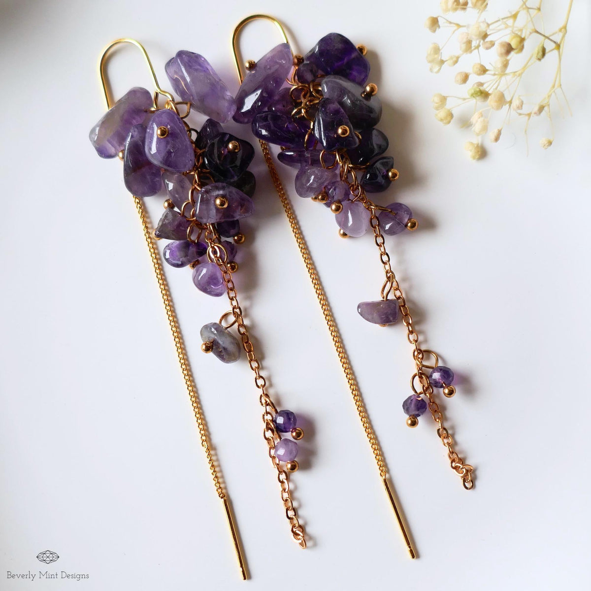 Amethyst Cluster Threader Earrings Gold Chain Dangle Earrings Statement Gemstone Jewelry, Sensitive Ear & Clip-On Options