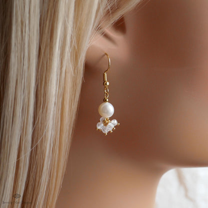Gold Cluster Drop Earrings, White Pearl and Crystal Earrings, Dainty Jewelry, Pearl Earrings, Elegant, Sensitive Ear & Clip-On Options