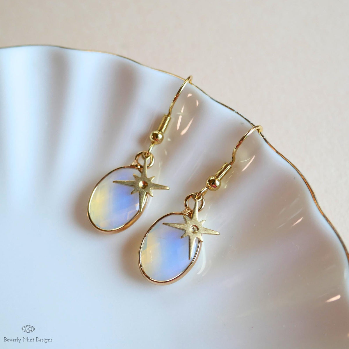 Opalite star earrings, celestial dangle earrings, gold opalite drops, oval opalite jewelry, Sensitive Ear & Clip-On Options