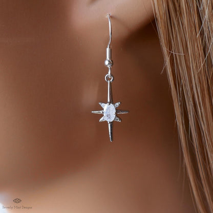 Starburst Earrings, Celestial Drop Earrings, Silver Star Earrings, Cosmic Jewelry , Space Inspired Earrings, Sensitive Ear & Clip-On Options