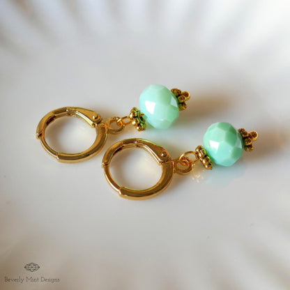 Gold Hoop Earrings with Green Beads ,Handmade Dangle Earrings, Mint Green Elegant Jewelry for Women, Sensitive Ear & Clip-On Options