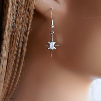 Starburst Earrings, Celestial Drop Earrings, Silver Star Earrings, Cosmic Jewelry , Space Inspired Earrings, Sensitive Ear & Clip-On Options