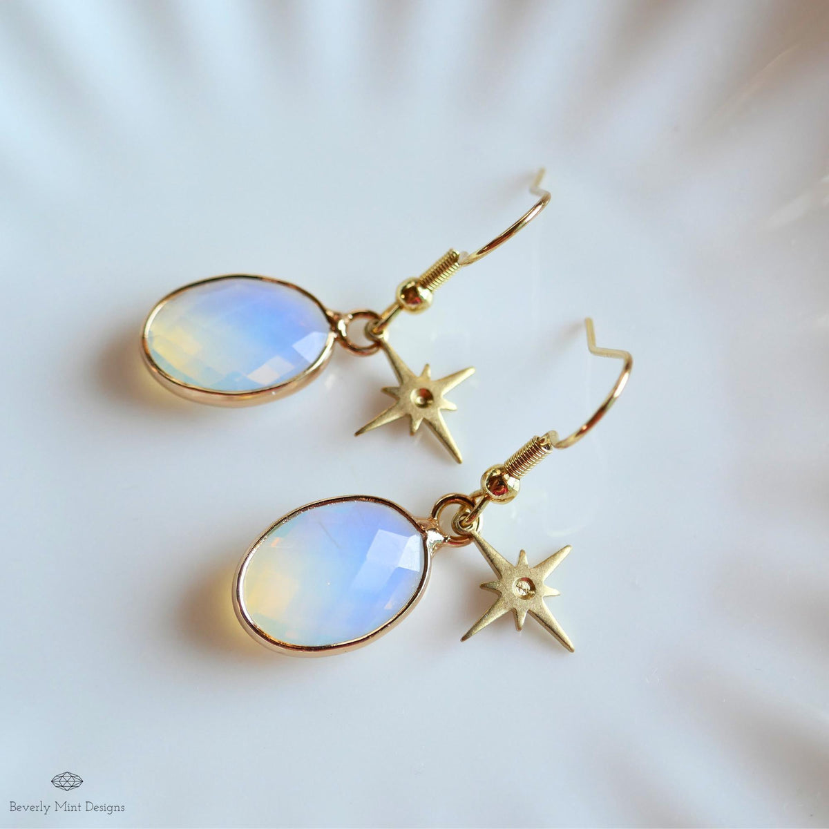 Opalite star earrings, celestial dangle earrings, gold opalite drops, oval opalite jewelry, Sensitive Ear & Clip-On Options