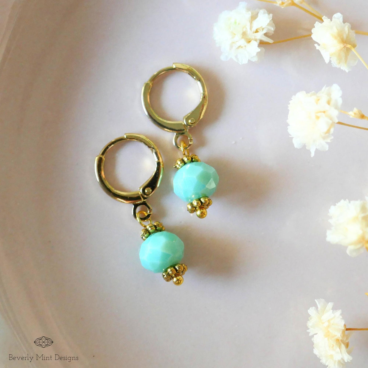 Gold Hoop Earrings with Green Beads ,Handmade Dangle Earrings, Mint Green Elegant Jewelry for Women, Sensitive Ear & Clip-On Options