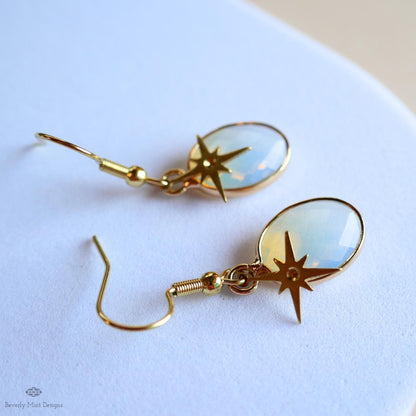 Opalite star earrings, celestial dangle earrings, gold opalite drops, oval opalite jewelry, Sensitive Ear & Clip-On Options