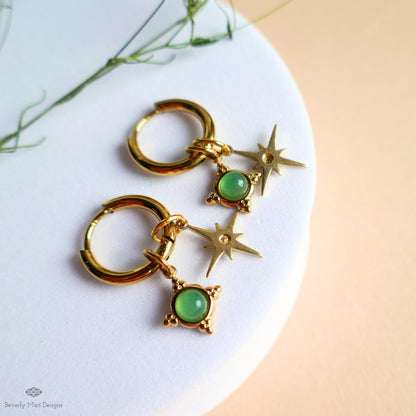 Green Stone Star Earrings, Gold Hoop Earrings, Celestial Jewelry for Her, North Star Charm Hoops, Dainty Drop Earrings, Gift Idea