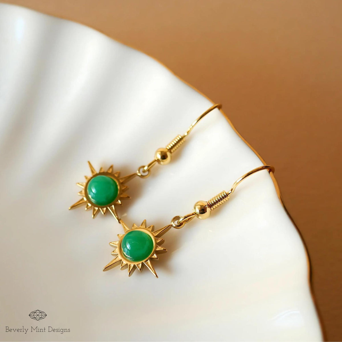 Sun Earrings ,Boho Sun Earrings 18K Gold Plated Small Earrings, Green Earrings , Boho Style Earrings, Sensitive Ear & Clip-On Options