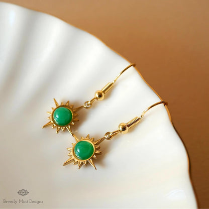 Sun Earrings ,Boho Sun Earrings 18K Gold Plated Small Earrings, Green Earrings , Boho Style Earrings, Sensitive Ear & Clip-On Options