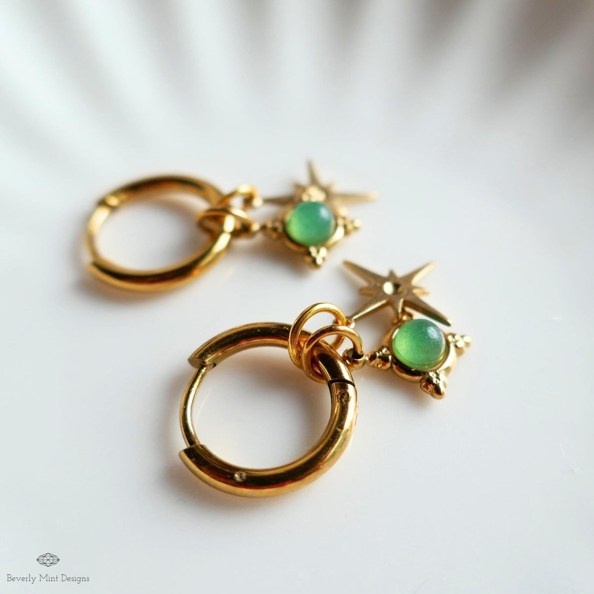 Green Stone Star Earrings, Gold Hoop Earrings, Celestial Jewelry for Her, North Star Charm Hoops, Dainty Drop Earrings, Gift Idea