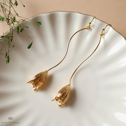 Gold Tulip Earrings Long Floral Dangle Earrings Lightweight Petal Drop Earrings Modern Botanical Jewelry, Sensitive Ear & Clip-On Options