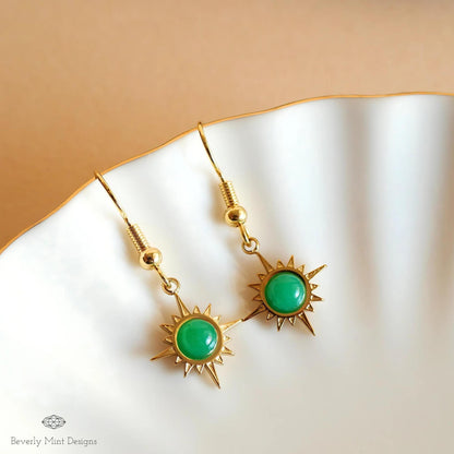 Sun Earrings ,Boho Sun Earrings 18K Gold Plated Small Earrings, Green Earrings , Boho Style Earrings, Sensitive Ear & Clip-On Options