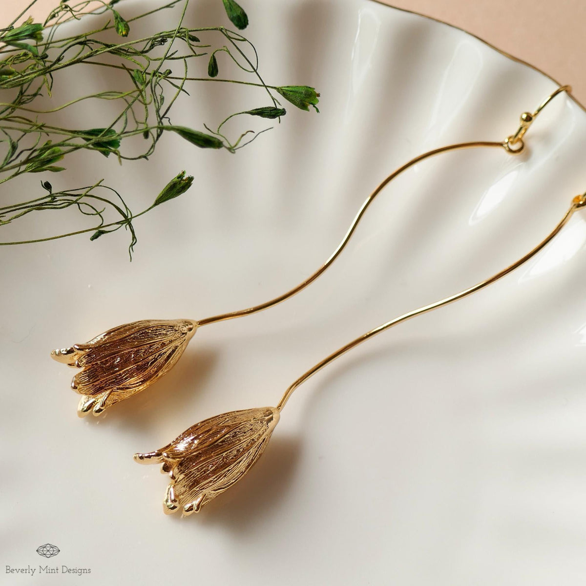 Gold Tulip Earrings Long Floral Dangle Earrings Lightweight Petal Drop Earrings Modern Botanical Jewelry, Sensitive Ear & Clip-On Options