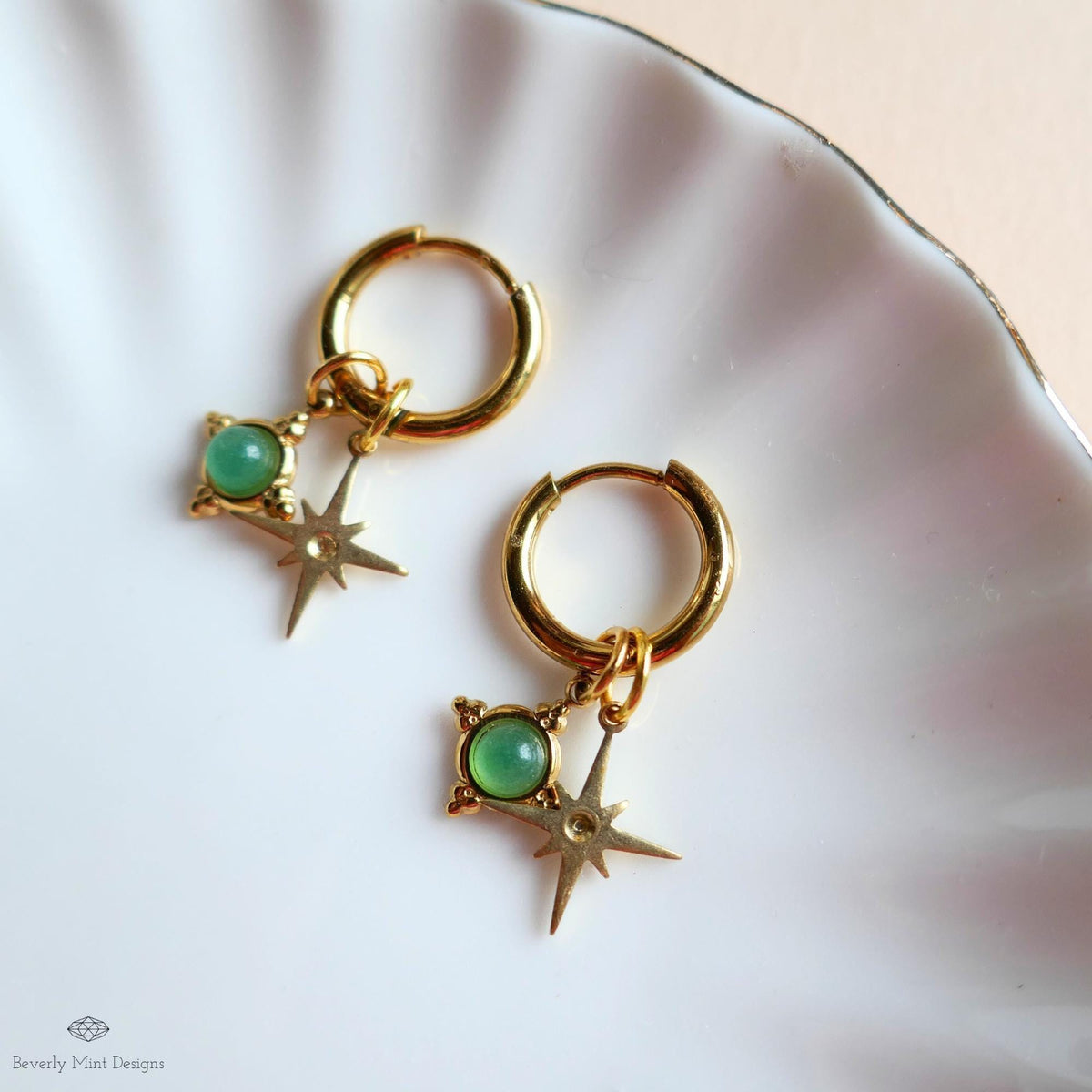 Green Stone Star Earrings, Gold Hoop Earrings, Celestial Jewelry for Her, North Star Charm Hoops, Dainty Drop Earrings, Gift Idea