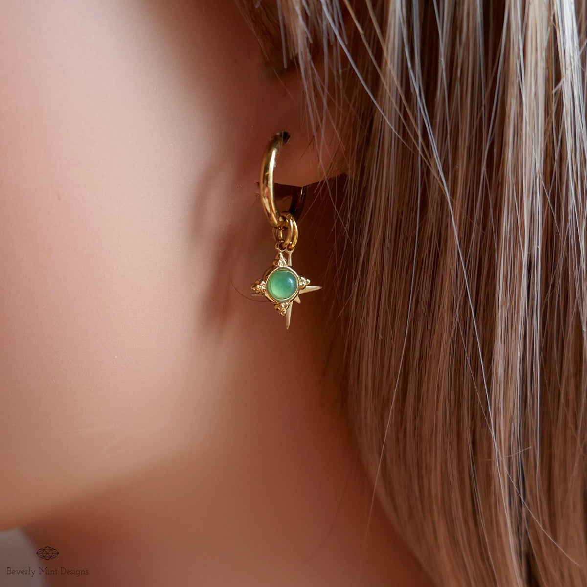 Green Stone Star Earrings, Gold Hoop Earrings, Celestial Jewelry for Her, North Star Charm Hoops, Dainty Drop Earrings, Gift Idea