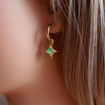 Green Stone Star Earrings, Gold Hoop Earrings, Celestial Jewelry for Her, North Star Charm Hoops, Dainty Drop Earrings, Gift Idea