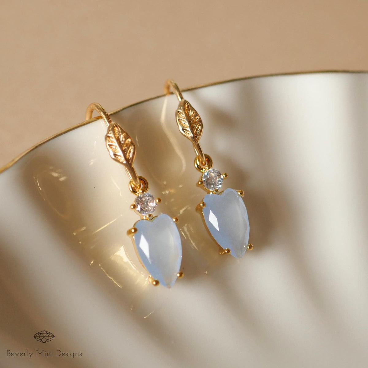 Blue Earrings, Tiny Leaf Earrings with Pale Blue Stone, Nature-Inspired Minimalist Jewelry, Elegant