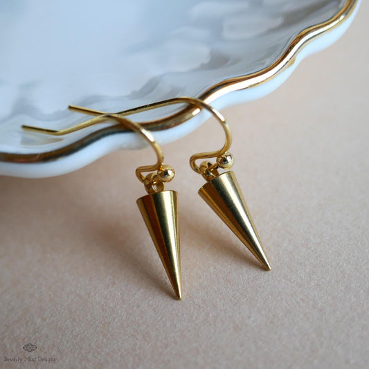 Gold Spike Earrings, Cone Drop Earrings, Minimalist Dangle Earrings, Edgy Gold Jewelry, Modern Earrings, Sensitive Ear & Clip-On Options